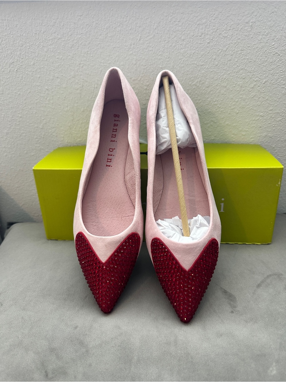 Gianni Bini Blush Pink Suede Flats with Red Crystal Pointed Toe